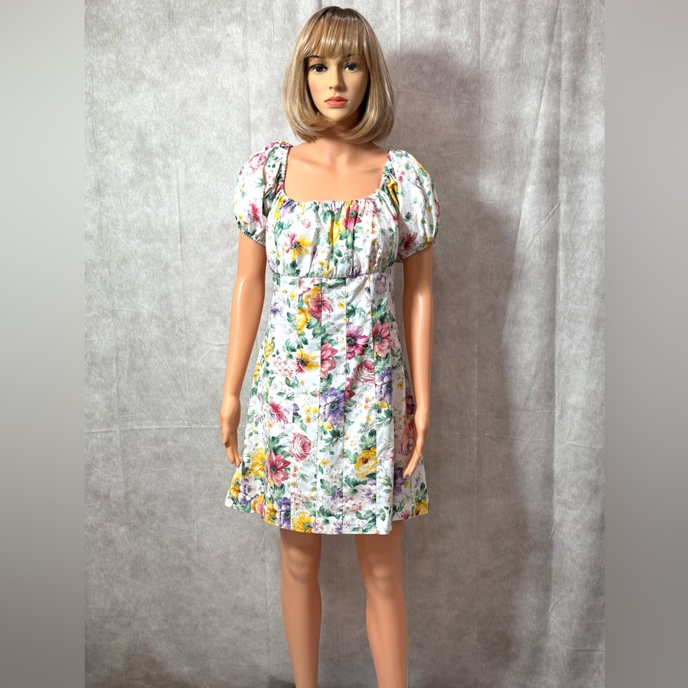 Petersyn Pink and Blue Cotton Ruched Puff Sleeve Mini Sundress